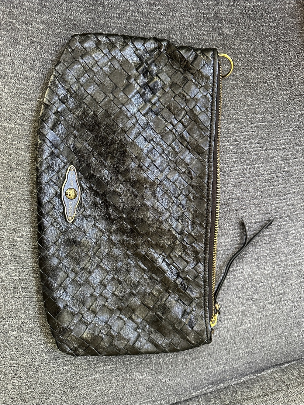 Elliott Lucca Black Woven Leather Wristlet Clutch with Gold Hardware